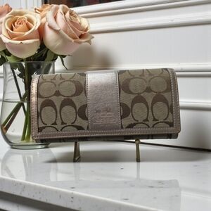 Coach Brown Canvas Wallet with Rose Gold Trim And Interior